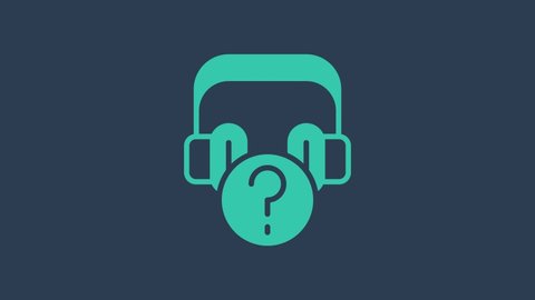 Turquoise Headphones with question icon isolated on blue background. Support customer service, hotline, call center, faq, maintenance. 4K Video motion graphic animation.