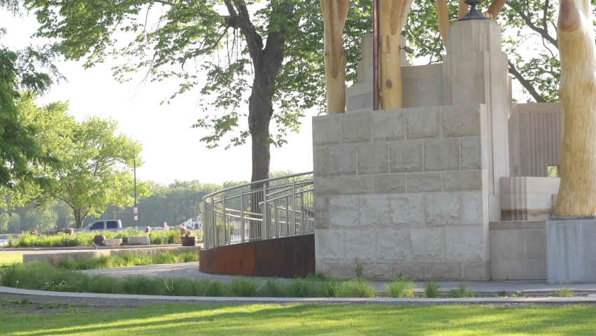 Amazing architecture using trees as support beams for the newly completed covering over the Bandshell in Riverside Park in La Crosse, Wisconsin.  New over preserved structure.  Royalty-Free Stock Footage #1087447559