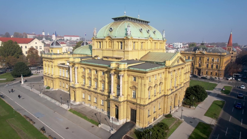 Aerial Partial Orbit Around Magnificent Yellow Baroque Croatian National Theater Zagreb Autumn Day Drone 4k