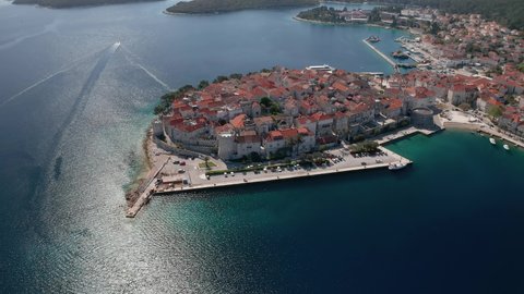 Aerial panorama of the Old medieval town Korcula in Dalmatia region, Croatia