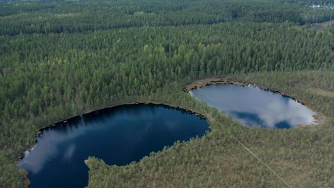 Aerial view of the Lammin-Suo Swamp Nature Reserve, reflection of clouds in the lake, a picturesque place in the Leningrad region. Forest belts and swampy terrain
