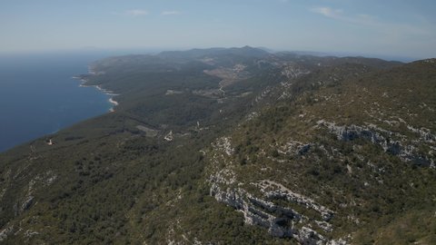 Aerial coastal panorama of the Korcula island of Dalmatia region, Croatia
