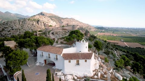 Top view flight over Hermitage of La Magdalena and Old Castle ruins in Castellon