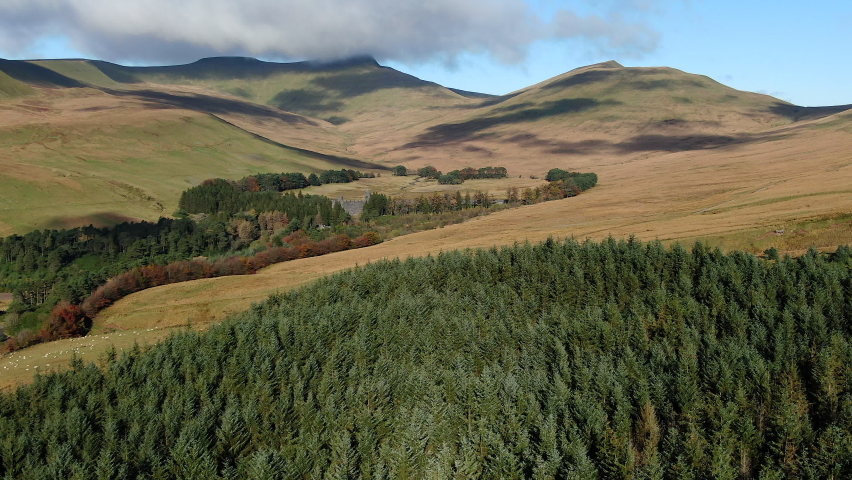 Aerial of Corn Du, Pen-y-Fan and Cribyn mountain peaks, Brecon Beacons National Park, Wales, United Kingdom