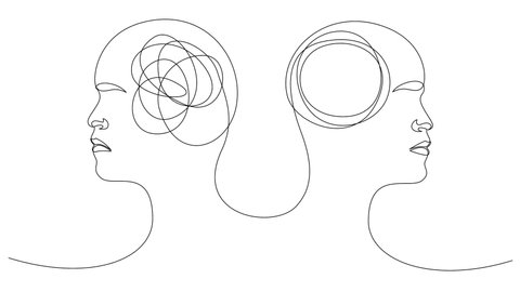 Self drawing animation of one continuous line two human heads with opposite thinking. The concept of chaos and order in thoughts.
