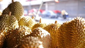 Exotic Asian Food: Delicious ripe durians close up at fruit market. High quality 4K footage video. Phuket, Thailand.