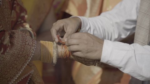 Rituals of an Indian Traditional wedding ceremony. Hinduism culture. Bride and groom performing the rituals. . High quality FullHD footage