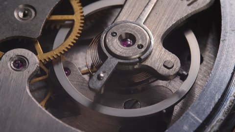 Clockwork mechanism works with spring and cogs. Concept of time and deadline, successful business or teamwork. Details of watch