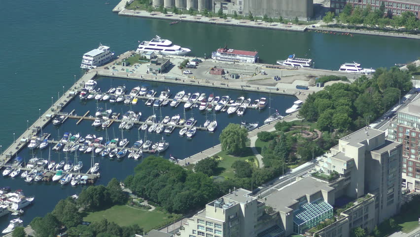 Aerial view of marina and waterfront in Toronto Canada in 4K