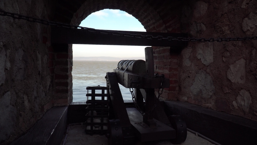 Old canon pointing on river