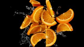 Super slow motion of orange slices rotating in water, black background. Filmed on high speed cinema camera, 1000 fps. Top shot. Speed ramp effect. - Powered by Shutterstock - Get 15% off with code: PIKWIZARD15