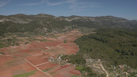 Aerial shot of the vineyard of Korcula island in spring time in Dalmatia region, Croatia