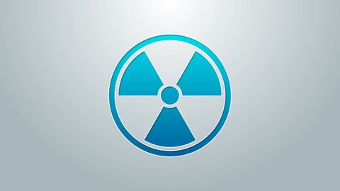 Blue line Radioactive icon isolated on grey background. Radioactive toxic symbol. Radiation Hazard sign. 4K Video motion graphic animation.