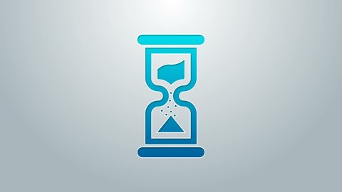 Blue line Old hourglass with flowing sand icon isolated on grey background. Sand clock sign. Business and time management concept. 4K Video motion graphic animation.