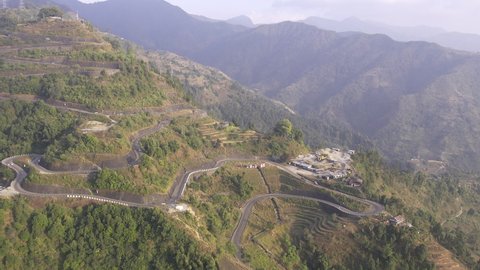 Aerial view of the Banepa Bardibas, BP Highway from aerial view in Nepal as it winds up and down the mountains.