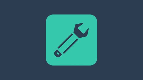 Turquoise Wrench spanner icon isolated on blue background. Spanner repair tool. Service tool symbol. 4K Video motion graphic animation.
