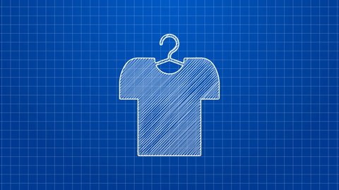 White line T-shirt on hanger icon isolated on blue background. 4K Video motion graphic animation.