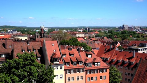 Panorama view of Nuremberg city old town from Nuremberg Castle (Kaiserburg) on a sunny summer day with blue sky cloud, Nuremberg, Germany