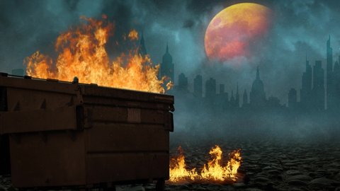 Dumpster Fire Orange Moon Lightning Clouds Background 4K features a dumpster with fire billowing out clouds and an orange moon behind and falling ash.
