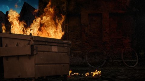 Dumpster Fire Alley Wall Background 4K features a dumpster with fire billowing out in an alley with a brick wall behind and falling ash.