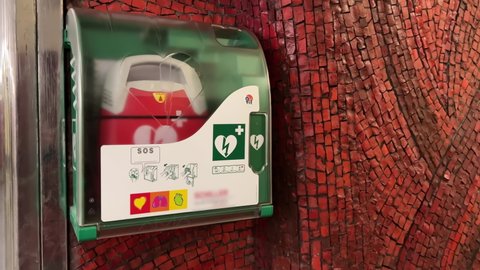 Close-up of automated external defibrillator (AED cardiac defibrillator box) at the station 