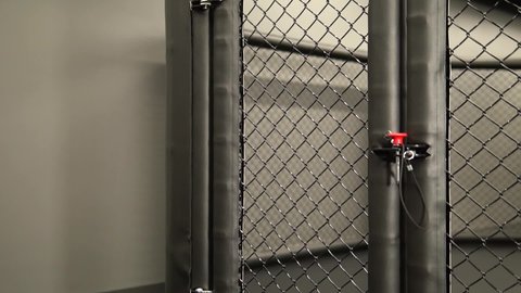 Mma cage concept of a sporty lifestyle, healthy mma arena cage fight ring, for arts stage for nobody and smoke chainlink, gloves karate. Hand strangulation aggressive, background kickboxing