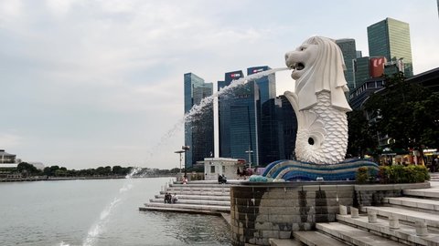Downtown , Singapore - 02 01 2022: Iconic Singapore mascot, mythical creature merlion fountain at downtown metropolitan area with business and financial buildings in the background.