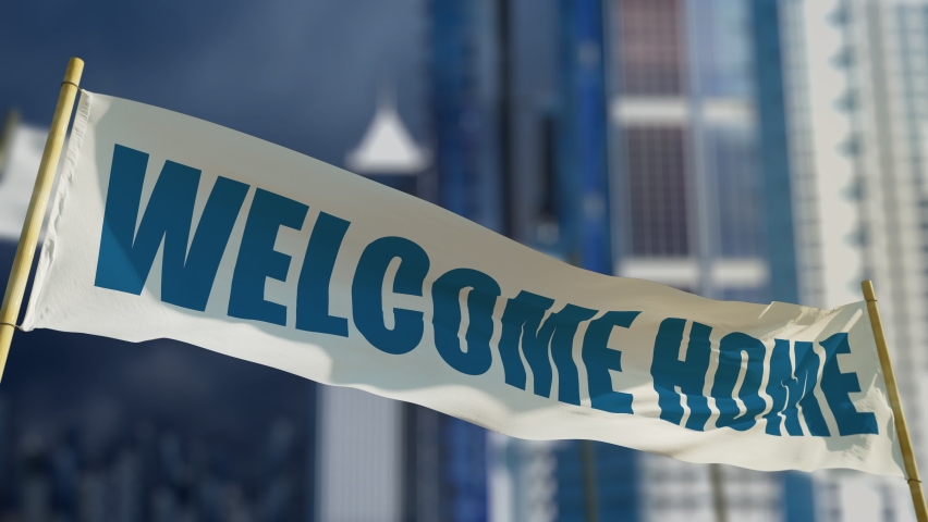 Welcome Home transparent flag on bokeh city background Royalty-Free Stock Footage #1087515413