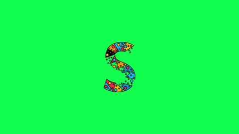 Letter S. Animated unique font made of circles and triangles, polygons. Bauhaus geometric mosaic style. Bright colors. Letter S for icons, logos, interface elements. Green chromakey background, 4K