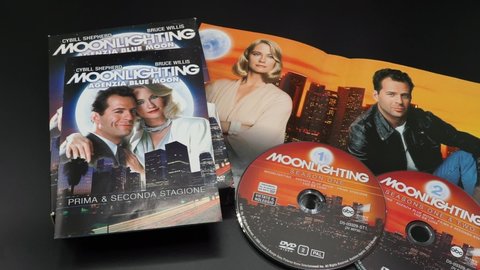 Rome, Italy - February 22, 2022, detail of the cover and DVDs of the Moonlighting television series which aired for the first time in the United States on ABC from 1985 to 1989.