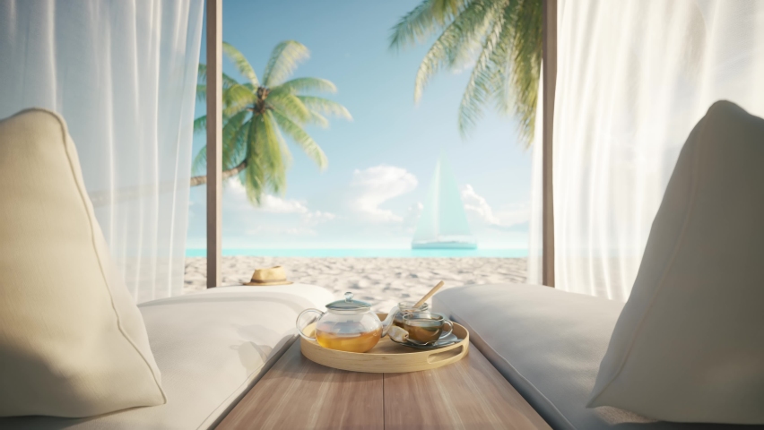 Beach Lounge bed on the beach. Lounge bed with canopy. Beautiful tropical landscape from lounge bed. 3d animation Royalty-Free Stock Footage #1087521596