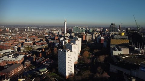 BIRMINGHAM, UK - 2022: Establishing aerial shot of Birmingham UK with tower blocks