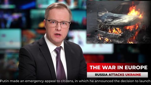 TV news studio male anchor presenter talking shocking breaking news about Russia's attack on Ukraine
