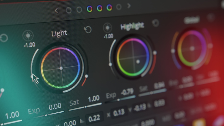 Close-up of color grading. Postproduction of video or photo. Professional photo and video editing software. Ring of light.  Royalty-Free Stock Footage #1087523615