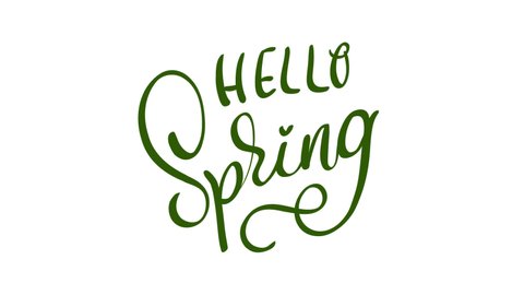 Handwritten calligraphy animation Hello Spring green text as logotype, badge and icon. Postcard, card, invitation, flyer, banner template. Lettering typography. Seasons Greetings