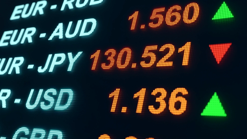 Forex trading. Wide screen with currency pairs and their rates. Currency symbols from USD, EUR, GBP, JPY or AUD. Currency and exchange rates concept. 3D animation | Shutterstock HD Video #1087524857