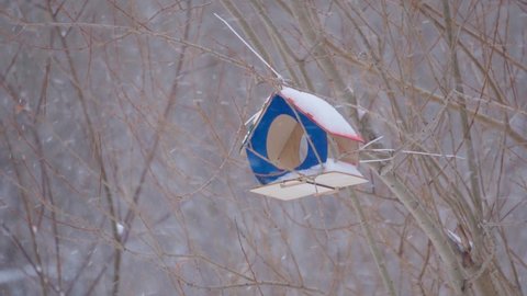 Birdhouse in the park in the winter season during a snowfall. Selective focus. Slow motion