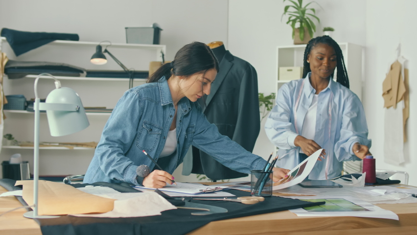 Successful Fashion Designers Caucasian Woman and African-American Woman Create a New Fashion Collection in a Sewing Workshop. Handicraft, Creative Small Business. Apparel Design Startup Concept., a Business & Finance Video by Alex_Maryna