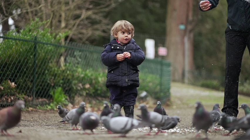 Happy little 2 year old toddler running outside after pigeons at park