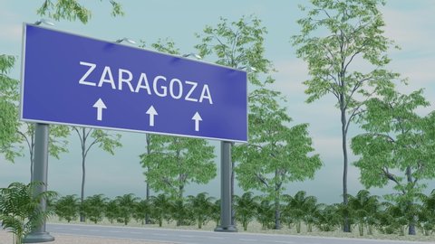 Trucking to Zaragoza, Spain. Arrival in city with a city direction sign. The concept of transportation of goods, business, and transport. 3D rendering of animation.