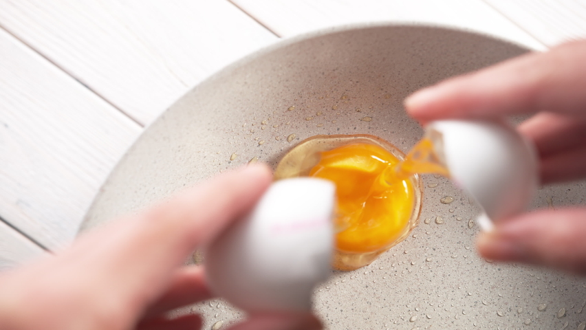 Cracking Eggshell and Cooking Sunny Side-up Egg in a Frying Pan in Slow Motion Royalty-Free Stock Footage #1087531352