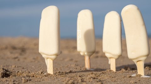 Ice creams melt on the sand of the beach. Time lapse..