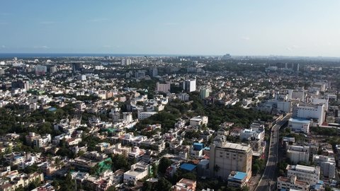 Aerial Drone Footage of Chennai India. Chennai, on the Bay of Bengal in Eastern India. Evening Sunlight on Apartment Blocks Chennai