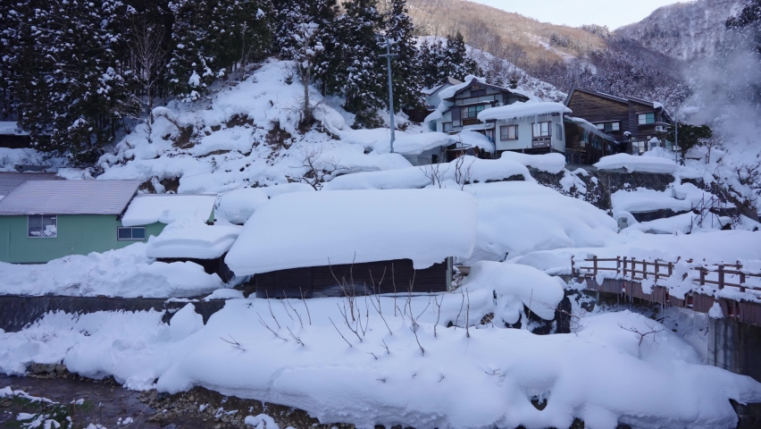 Jigokudani "Hell Valley" River running through Snowy Nagano Landscape, Japan