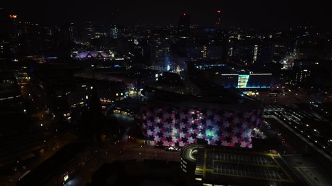 BIRMINGHAM, UK - 2022: Night aerial view of Birmingham UK city skyline