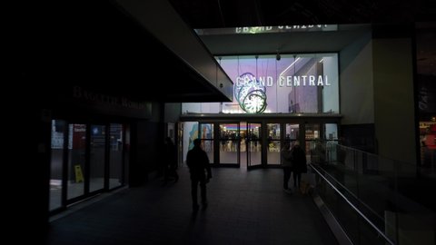 BIRMINGHAM, UK - 2022: Birmingham Grand Central railway station low night aerial view 