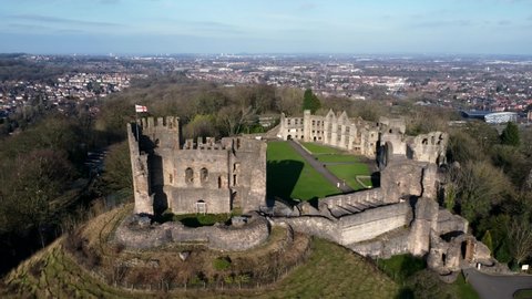 DUDLEY, UK - 2022: Aerial view of Dudley castle in the West Midlands UK