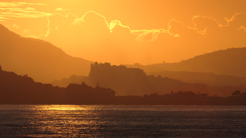 Italy, Procida island, view of castle at sunset