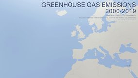 Greenhouse gas emissions in  the United Kingdom from 2000 to 2019. Values in tonnes per capita (CO2 equivalent). Source data: Eurostat. 3D rendering loop able video with 4K resolution.
