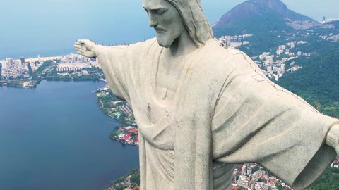 Rio de Janeiro, Rio de Janeiro, Brazil - 02.15.2022 - Panoramic view of Christ the Redeemer postcard at downtown Rio de Janeiro Brazil at sunny day. Cristo Redentor statue at Rio de Janeiro Brazil.